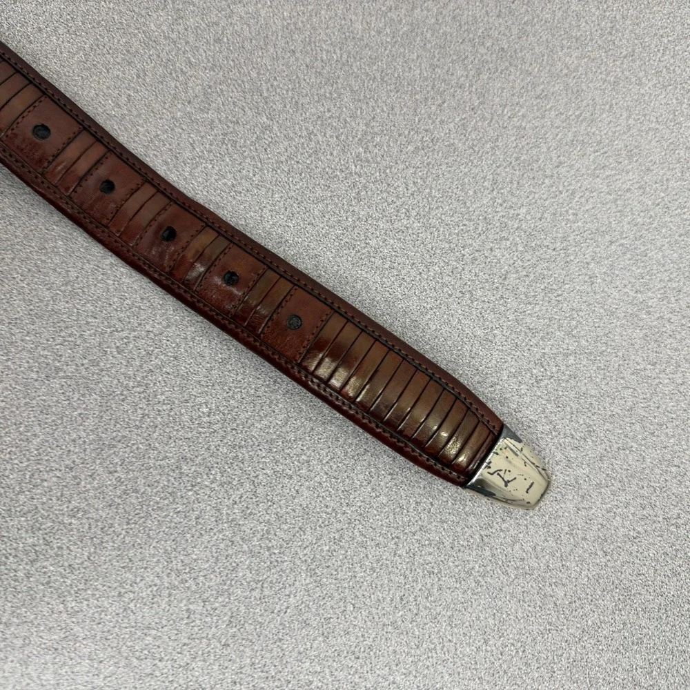 Mezlan Belt Mens 38 Brown Ribbed Leather Silver Tone Hardware Dress Classic 3109